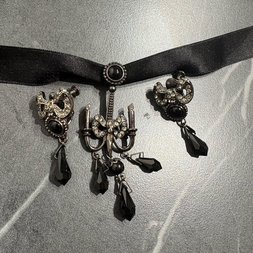 Vintage Dior black ribbon chandelier choker and ear clip by John Galliano
